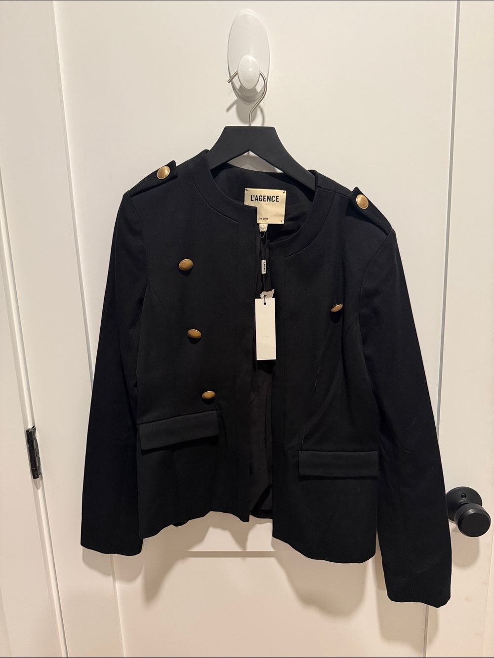 L'AGENCE Black Double-Breasted Military Blazer with Gold Buttons